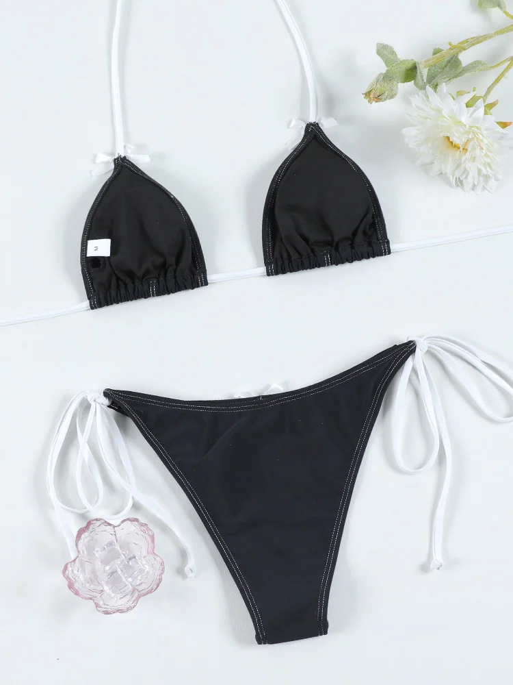 Micro Bowknot Bikinis Set for Women Patchwork Swimsuit Summer Beach Wear White Thong Swimwear Swimming Bathing Suit 2025
