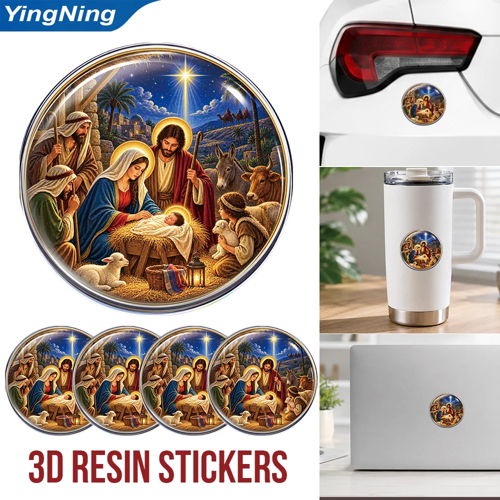 Jesus Nativity Scene Round Epoxy Resin Sticker Christian Car Decal Religious Waterproof Dome Sticker for Auto Truck Laptop Cup