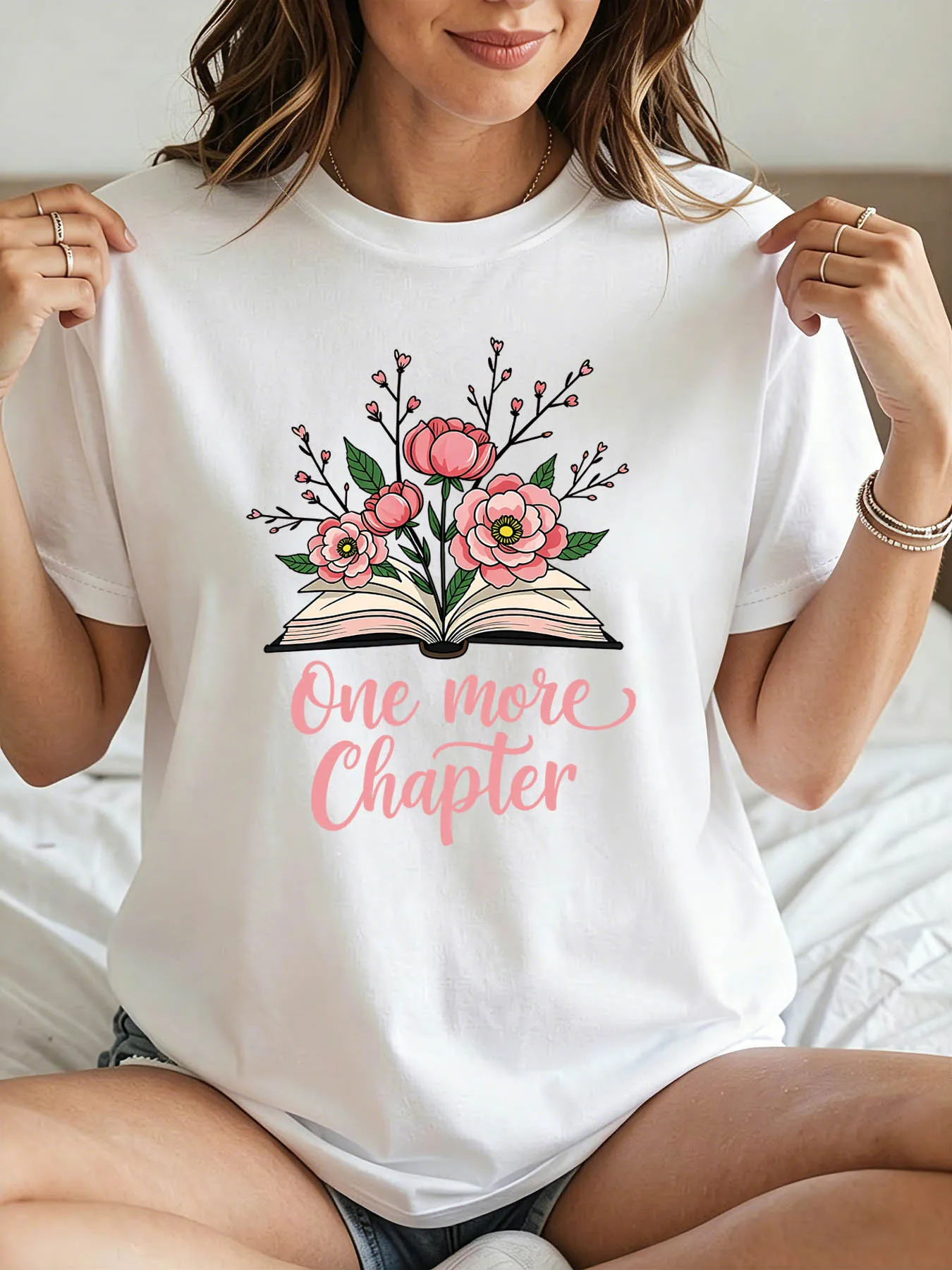 Women' Book-Themed Read More Worry Less Bookworm with Book Cup Flower Print Short Sleeve Crew Neck Casual Suitable for Library