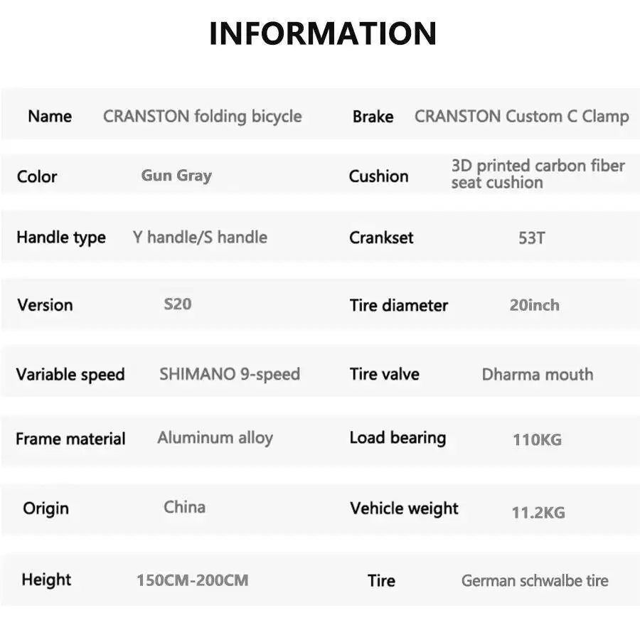 كرانستون S20 إطار من سبائك الألومنيوم بندقية رمادي Y/S المقود 9 سرعة 20 بوصة ركاب الرجعية خفيفة الوزن الثلاثي دراجة قابلة للطي