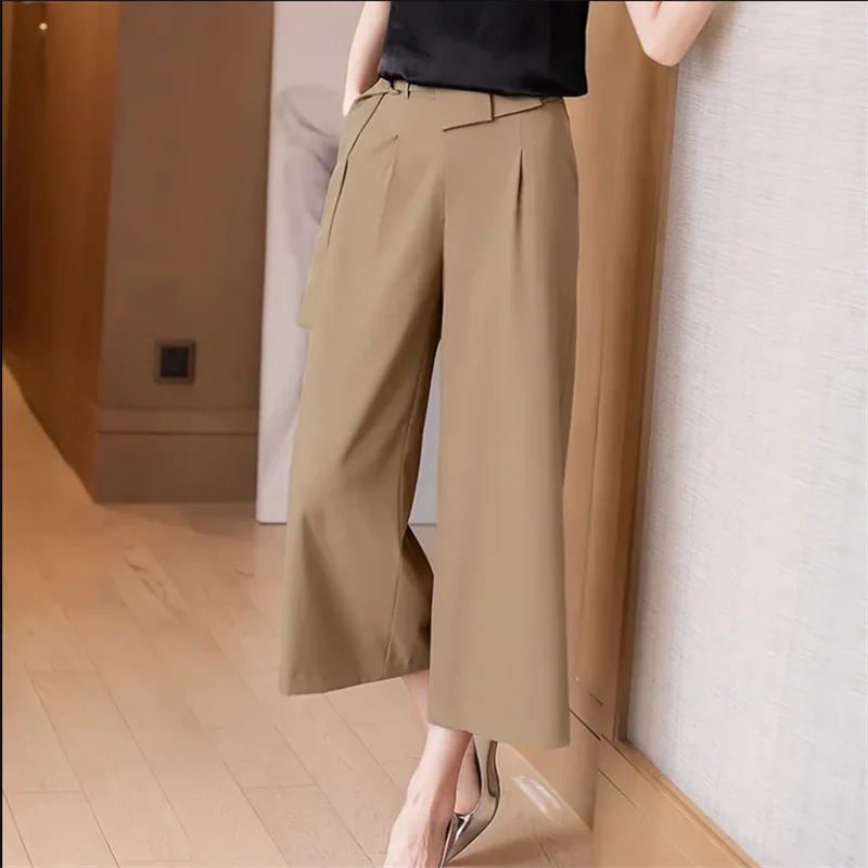 

Straight Pants For Women Thin Trouser Spring Summer Belt Wide Leg Pants High Waisted Stylish Solid color Female Cropped Pants