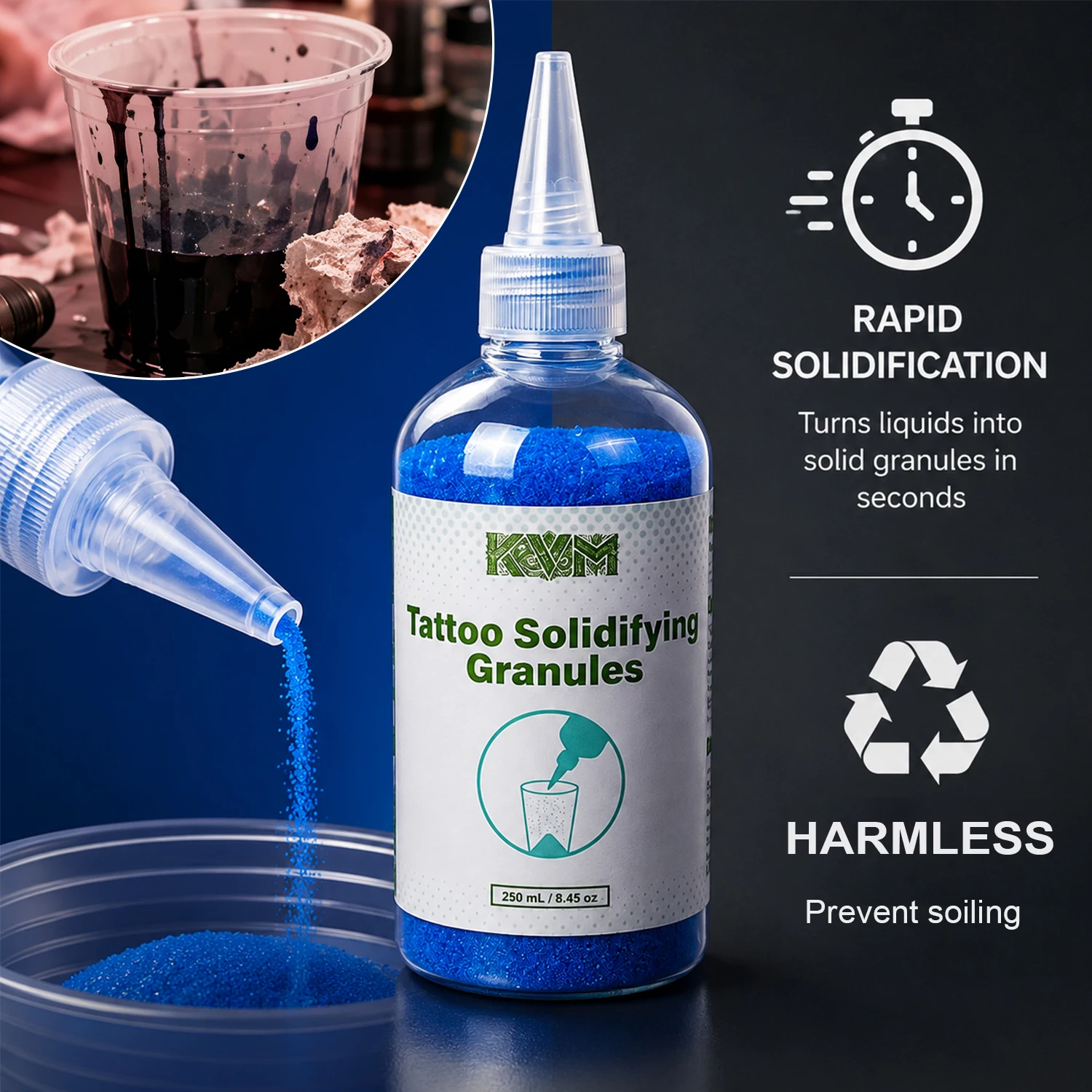 Tattoo Solidifying Granules 250mL Fast Acting Liquid Waste Solidifier for Tattoo Artists Safe & Harmless Disposal Solution