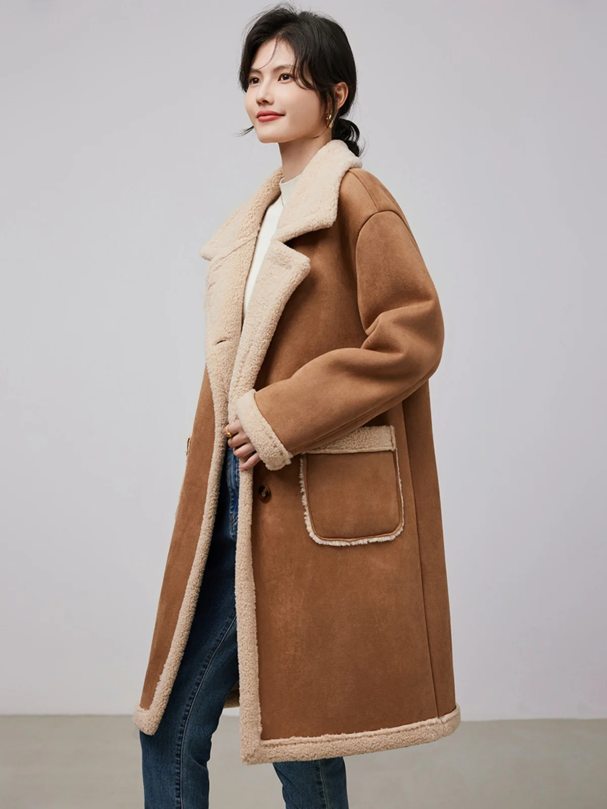 Casaco de Inverno em Suede para Mulheres, Comprimento Médio, Estilo Commute, Dupla Frente, Cor Pura, Fibra de Poliéster