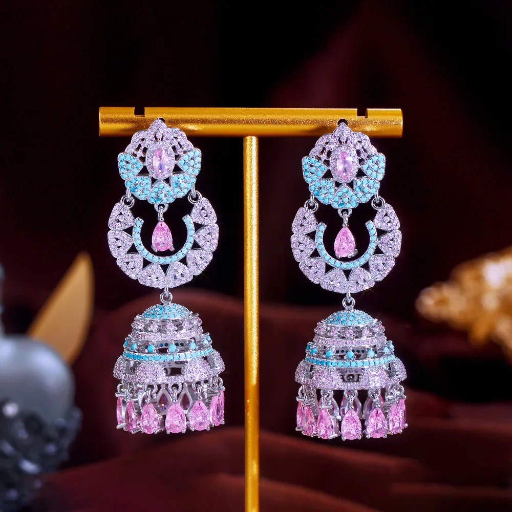 

Exquisite Bohemian Chandelier Earrings in Soft Pink and Turquoise Embellished with Sparkling Zirconia for Women Fashion Jewelry