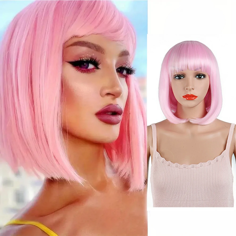 

35cm Short Straight Bob Synthetic Wig with Bangs hair Y2K Colorful Heat Resistant Rose Net Cap halloween Cosplay Party Women wig