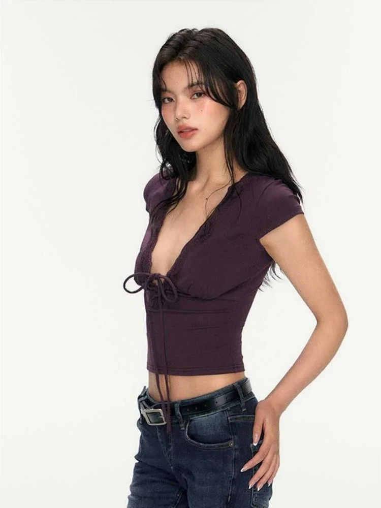 Sexy Deep V-neck Bandage Vintage Grunge Tshirts Women Y2k Aesthetic Lace Patchwork Tops Harajuku Fairy Bodycon Cropped Tees