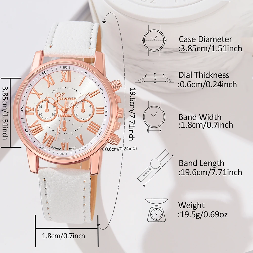 5PCS/Set White Women Watch Silver Rose Gold Roman Scale Dial Wristwatch Leather Strap Quartz Watch Jewelry Set Gift For Her