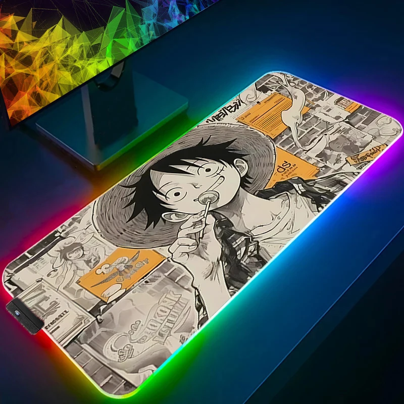 

Anime Gaming Speed Mouse Pad one Piece Luffy LED Gamer Large Mouse Mat Backlight Keyboard Anime Mousepad RGB Computer Desk Mat