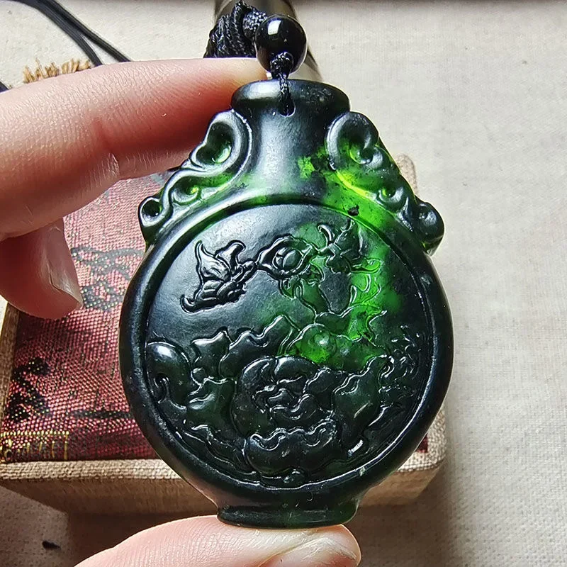 

Certified Chinese Natural Black Green Jade Lucky Vase Pendant Necklace Fashion Charm Jewellery Hand-Carved Amulet Sweater Chain