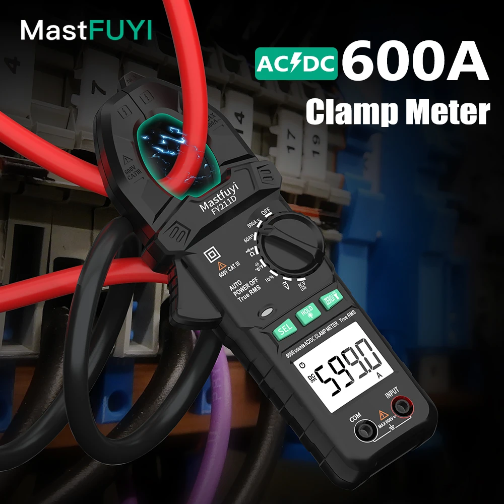 MASTFUYI FY211D True RMS Digital Clamp Meter 6000 Counts, 600A AC/DC Current Voltage Tester with NCV for Electricians Tool