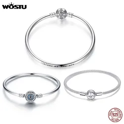 WOSTU 100% 925 Sterling Silver Original Bracelets Snowflake Blue Eyes Zircon Chain Fit Women Bracelet & Bangle Luxury Jewelry