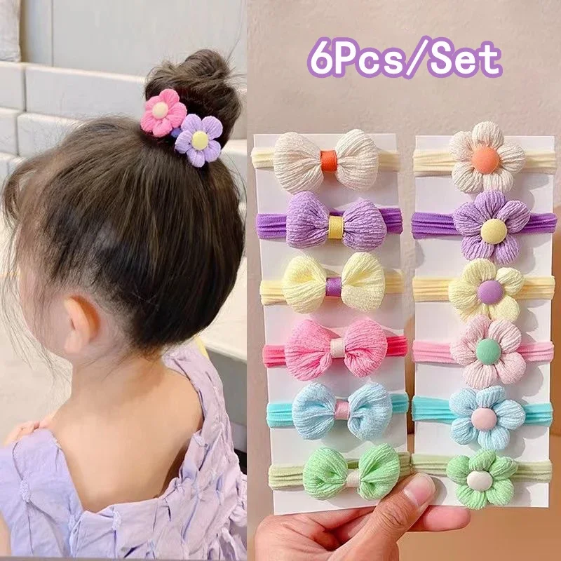 6 Pcs Cute Girls Nylon Flower Hair Ties Candy Elastic Bow Hair Bands Pigtails Hair Rope Rubber Headband Scrunchies Accessories