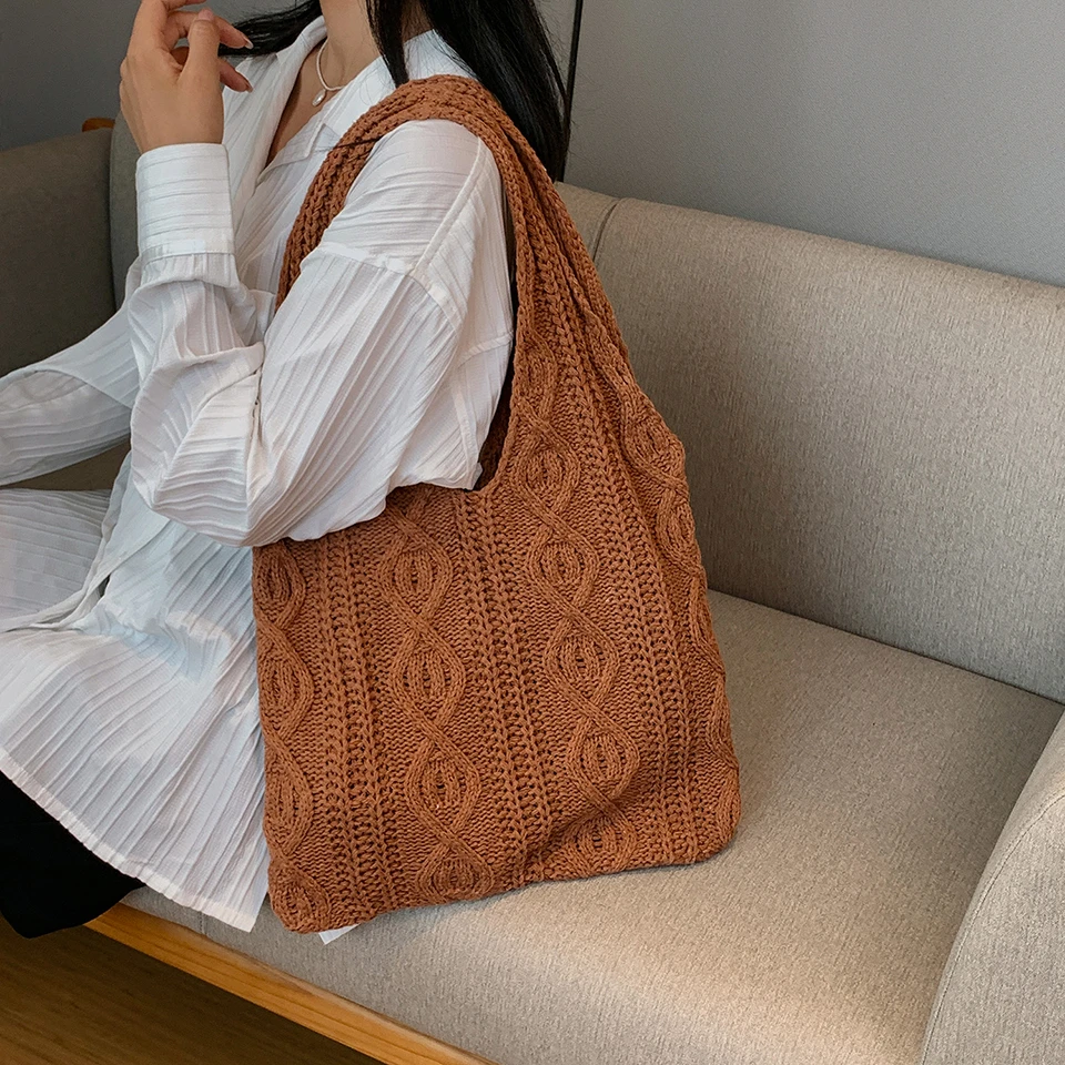 Y2K Knitted Women\'s Bag Twist Eco Bag Korean Shopping Tote Handbag Braid Shoulder Bags Crochet Rope Tote Bag Weave Purse Female