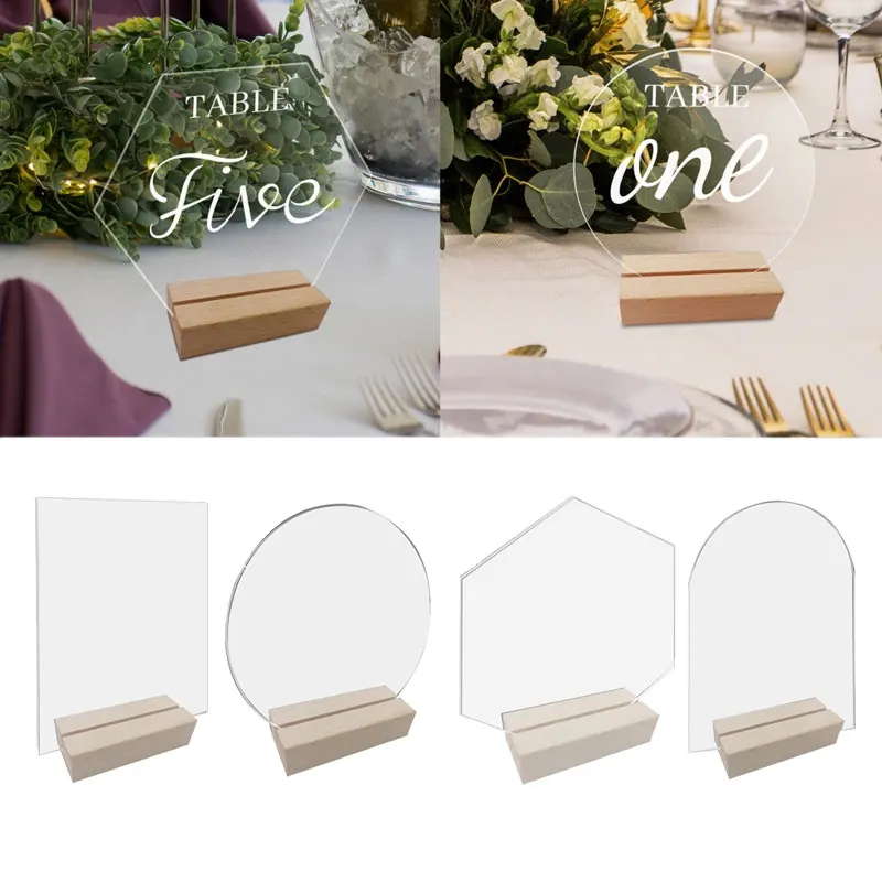 1 Juego de mesa transparente de acrílico, tarjeta de lugar y soportes de madera, cartel de mesa de boda, números, menú, marco de exhibición para banquete, fiesta, venta al por mayor