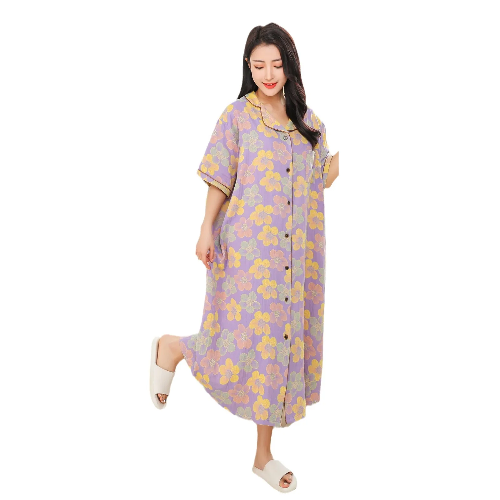 Pure Cotton Long Nightdress Cardigan Shirt Nightgown Oversized Sleepwear Fashion Sleeping Loose 120Kg Pregnant Woman Home Dress