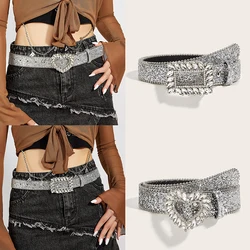 Y2k Rhinestone Buckle Belt For Women Men Waist Strap Western Cowgirl Cowboy Shiny PU Leather Belt Decorative Waistband