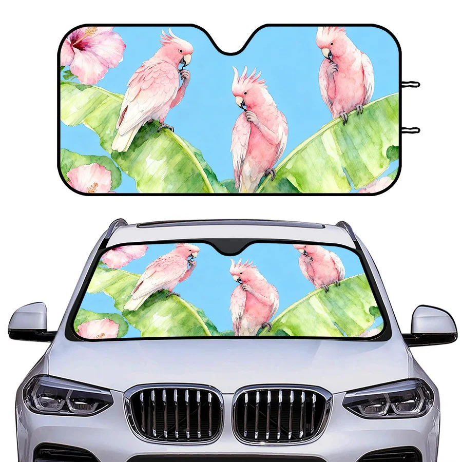 Sunshade For Car Windshields, Collapsible And Available In Three Sizes, Featuring A Design Of Pink Parrots And Hibiscus, Offers