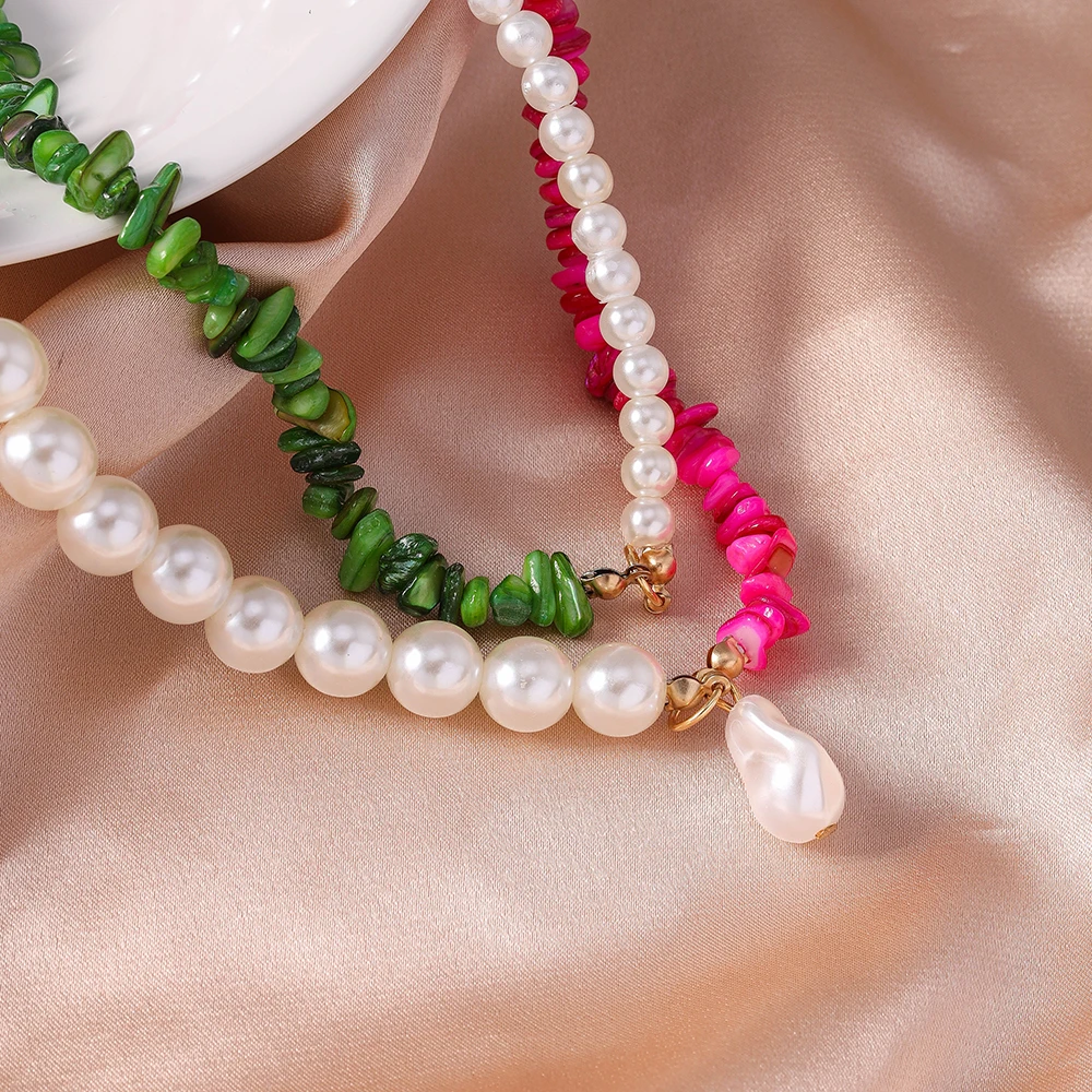 Aihua Trendige Perlenkette für Damen, modische Imitationsperlen, grüner Rosenstein, Choker-Halskette, Hochzeitsschmuck – Detail 2