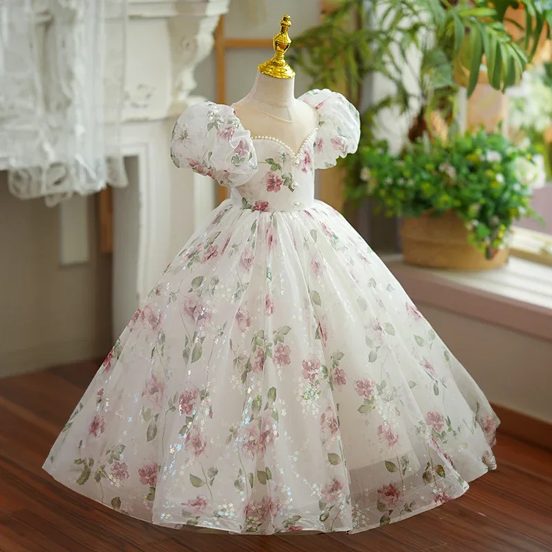 

Flower Girls White Floral Dress for Wedding Bridesmaid Christening Short Evening Gowns Kids Birthday Party Pageant Dresses Child