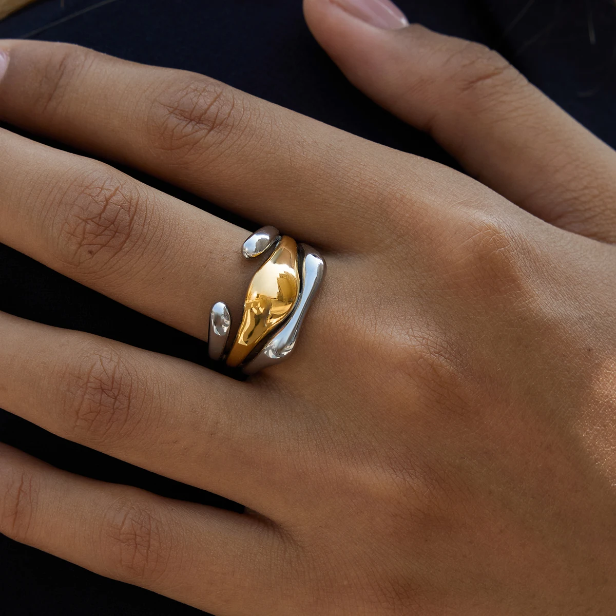 

AIKOER Minimalist 18K Gold Color Plated Stainless Steel Double Color Irregular Ring Multi Layer Stackable Ring Women's Jewelry