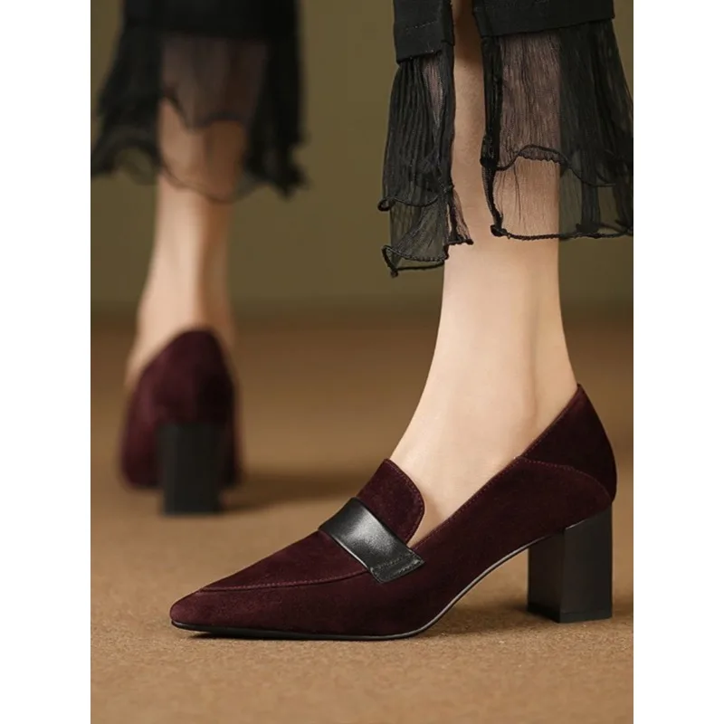 حذاء بدون كعب من الجلد الناعم للنساء بكعب سميك، قدم واحدة واسعة ومضادة للانزلاق وقصة عميقة وكعب عالٍ بمقدمة واحدة #5