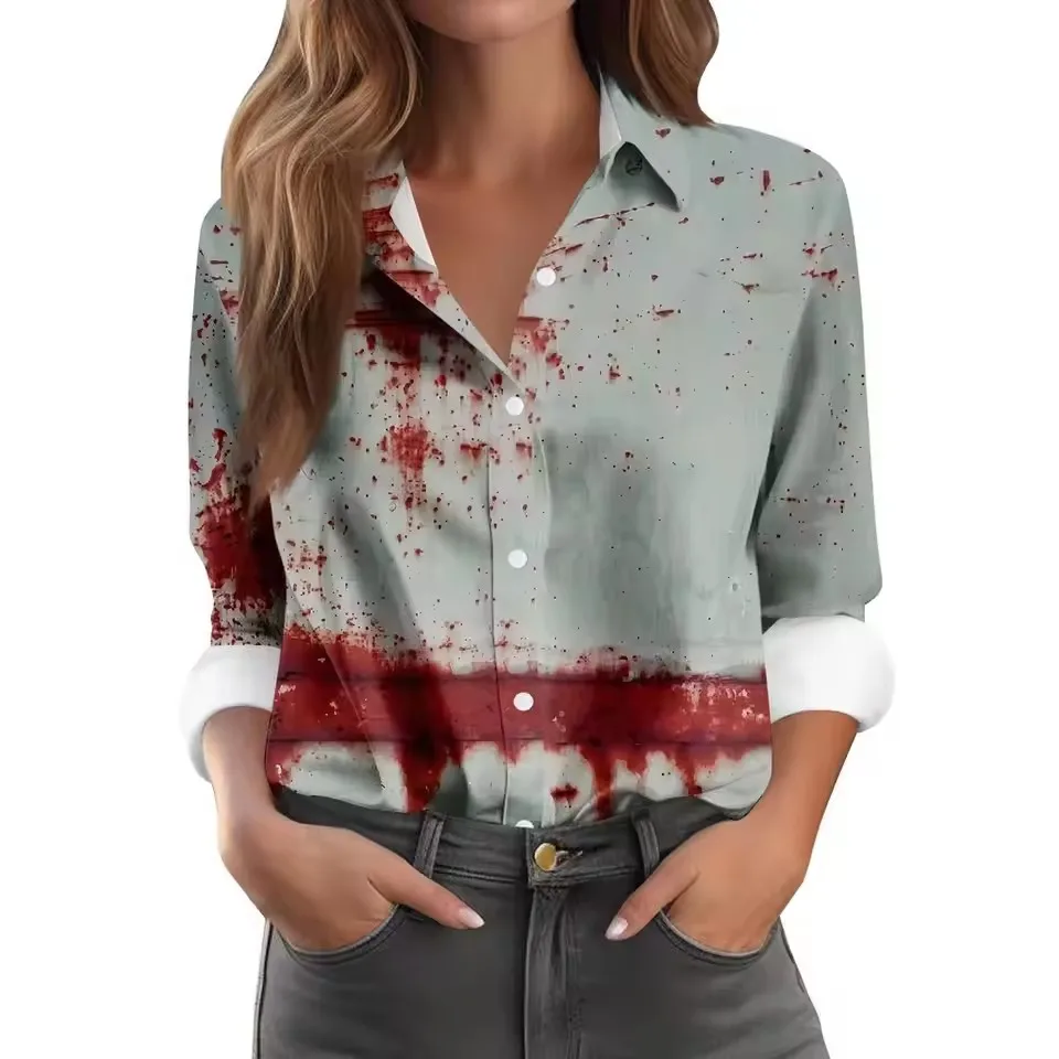 Damska koszulka na Halloween z nadrukiem 3D, horror, krwawe odciski dłoni, długi rękaw, kołnierzyk, codzienna bluzka dla kobiet.