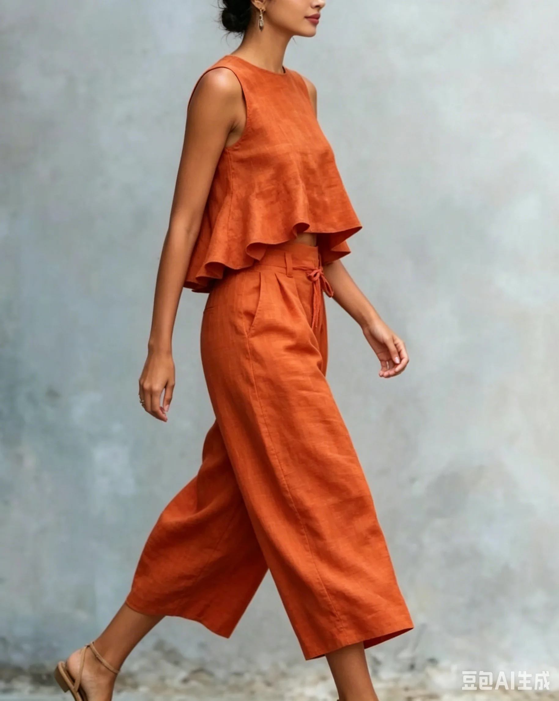 

Summer New Holiday Two Piece Sets Woman Elegant O Neck Sleeveless Tank Top And Wide Leg Trousers Suit Casual Ruffle Loose Sets