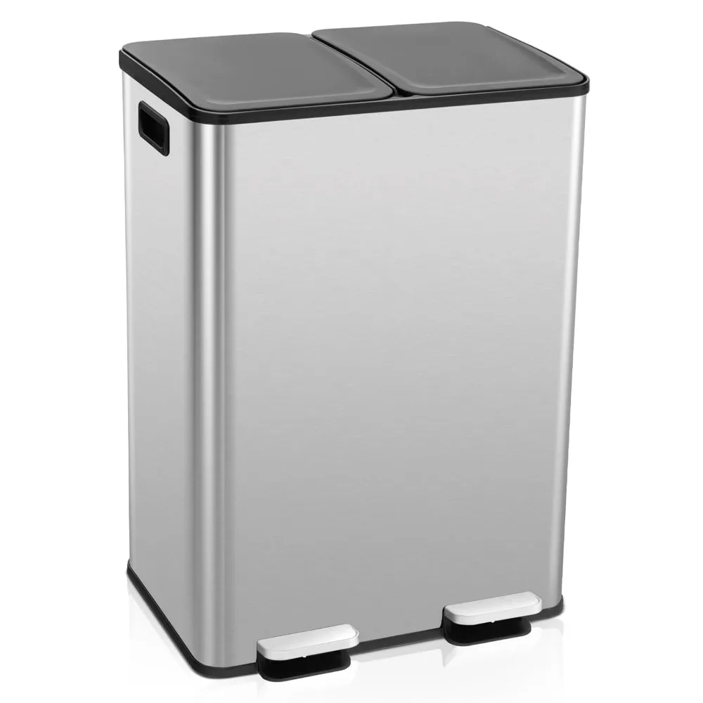 

16 Gallon/ (2x30L) Stainless Steel Trash Can, Kitchen Trash Bin w/Dual Removable Inner Buckets, Soft Closure & Step-on Pedal, D