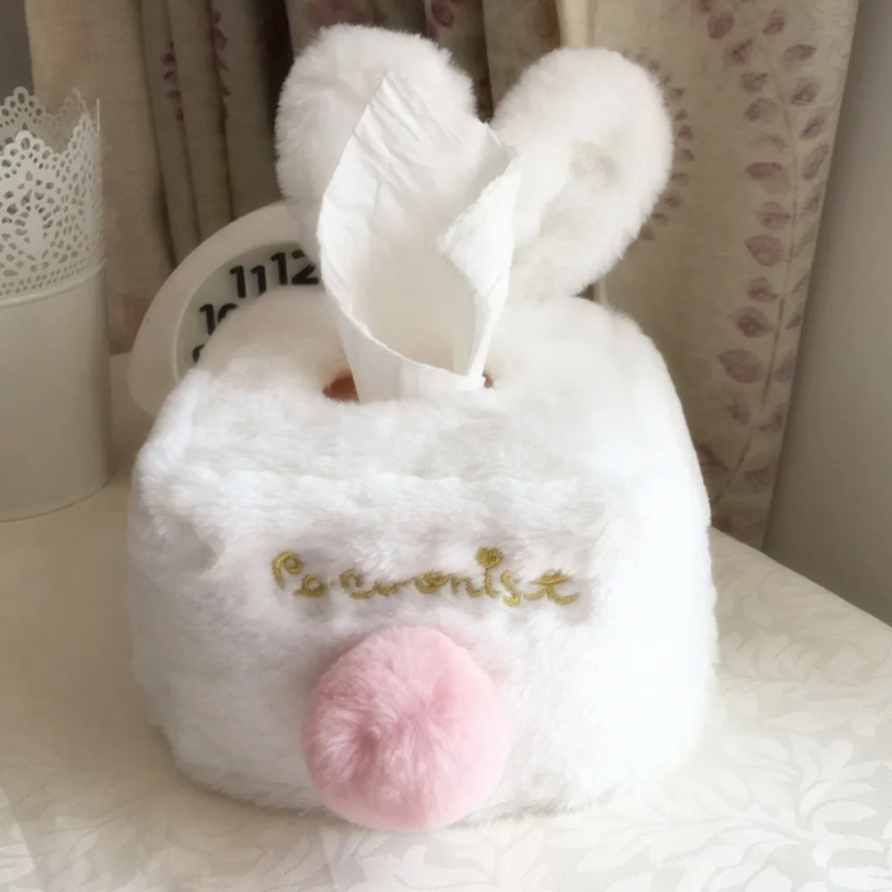 1pc Tissue Cover Cute Pink Plush Rabbit Tissues Storage Box Home Decoration Toilet Paper Holder Napkin Case