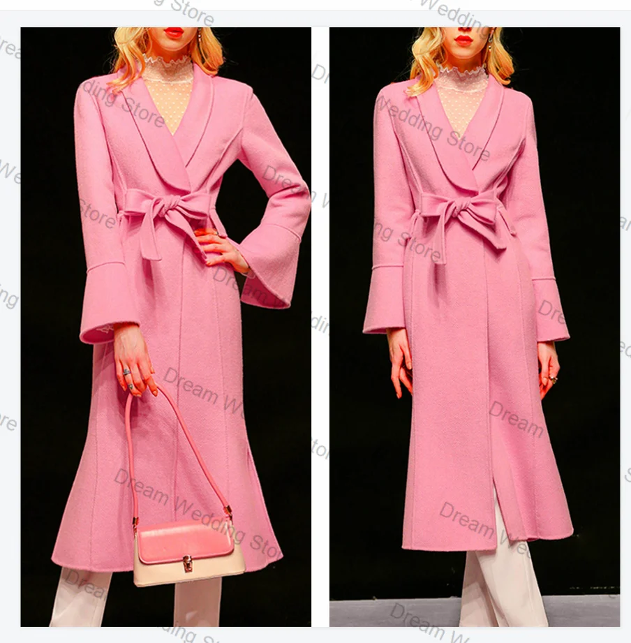 

Pink Women Suit 1 Pcs Belted Long Blazer Overcoat Prom Dress Fall Autumn Formal Office Lady Jacket Customized Wedding Party Coat