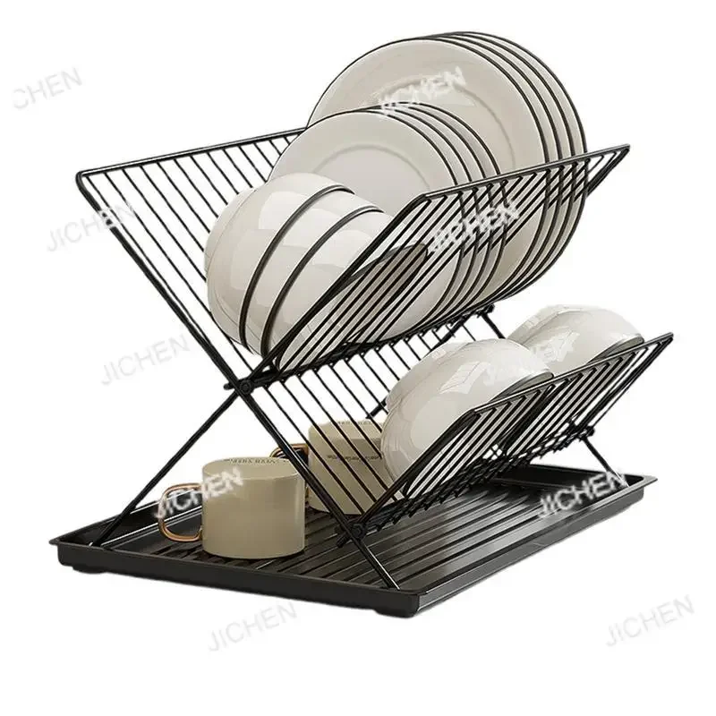 

HSСкладная сушилка для посуды из углеродистой стали/нержавеющей стали, сушилки для посуды для кухонной стойки, 2-уровневый съемный лоток для улавливания воды