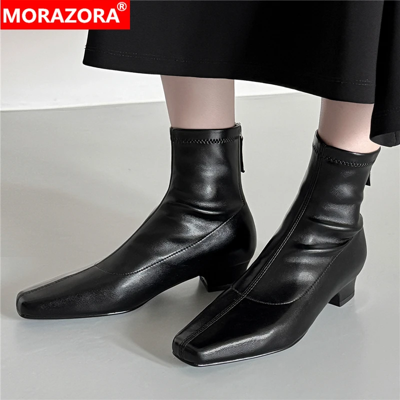 

MORAZORA/2026, новые эластичные ботинки, женские ботинки на молнии с маленьким квадратным носком на среднем каблуке, осенне-зимние ботильоны, женская модная обувь