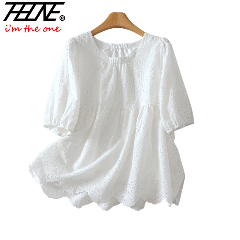 THHONE ฤดูร้อนเสื้อผ้าสตรีเสื้อ Hollow Out เย็บปักถักร้อย Vintage Pullover แขนสั้นสบายๆเกาหลีเสื้อหลวม