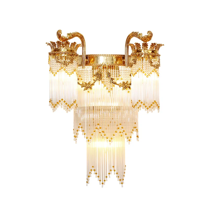 French Rococo Brass Crystal Wall Lights Hotel Villa Living Room Bedroom Lamp European Church Porch Copper Wall Sconce