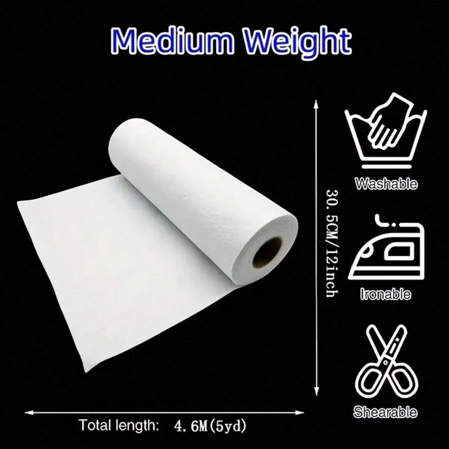1 Roll, 12inch ×5 Yards Polyester Interfacing - 100% Non-Woven Fabric Iron-On Adhesive Interlining for Sewing and Crafts, Ideal for Clothing, Bags and Home Decoration, Quilting - Sewing Materials, Sewing Concepts and Supplies