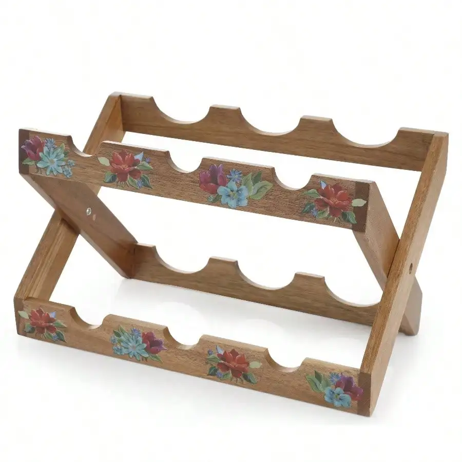 

Spring Bouquet 13.9 - inch Acacia Wood Wine Rack for Home Bar Kitchen Storage Organize Vintage Brown Rustic Style Elegant Design