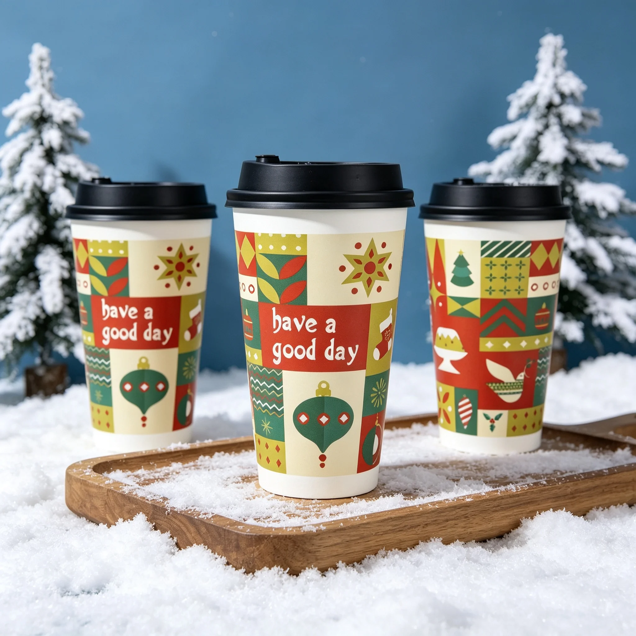 50Pcs16/22A Disposable Paper Cups, Double‑Wall Hollow Hot Coffee Cups, Festive Pattern Paper Cup for Holiday Party Cafe Takeaway view 2