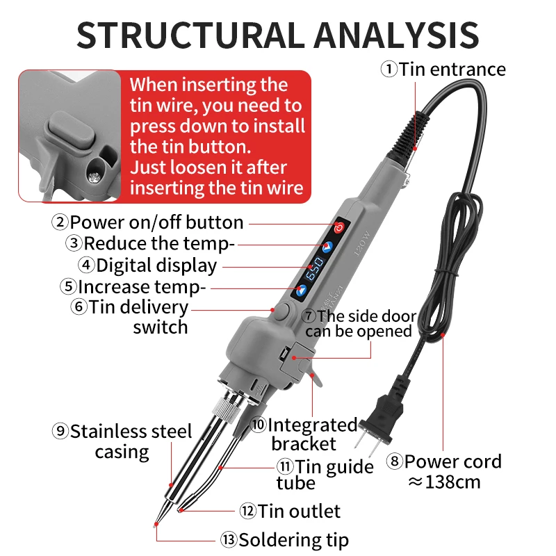 LUXIANZI Digital Display Electric Soldering Iron Gun Internally Heated Straight Handle Send Tin Gun Welding Repair Tools Set