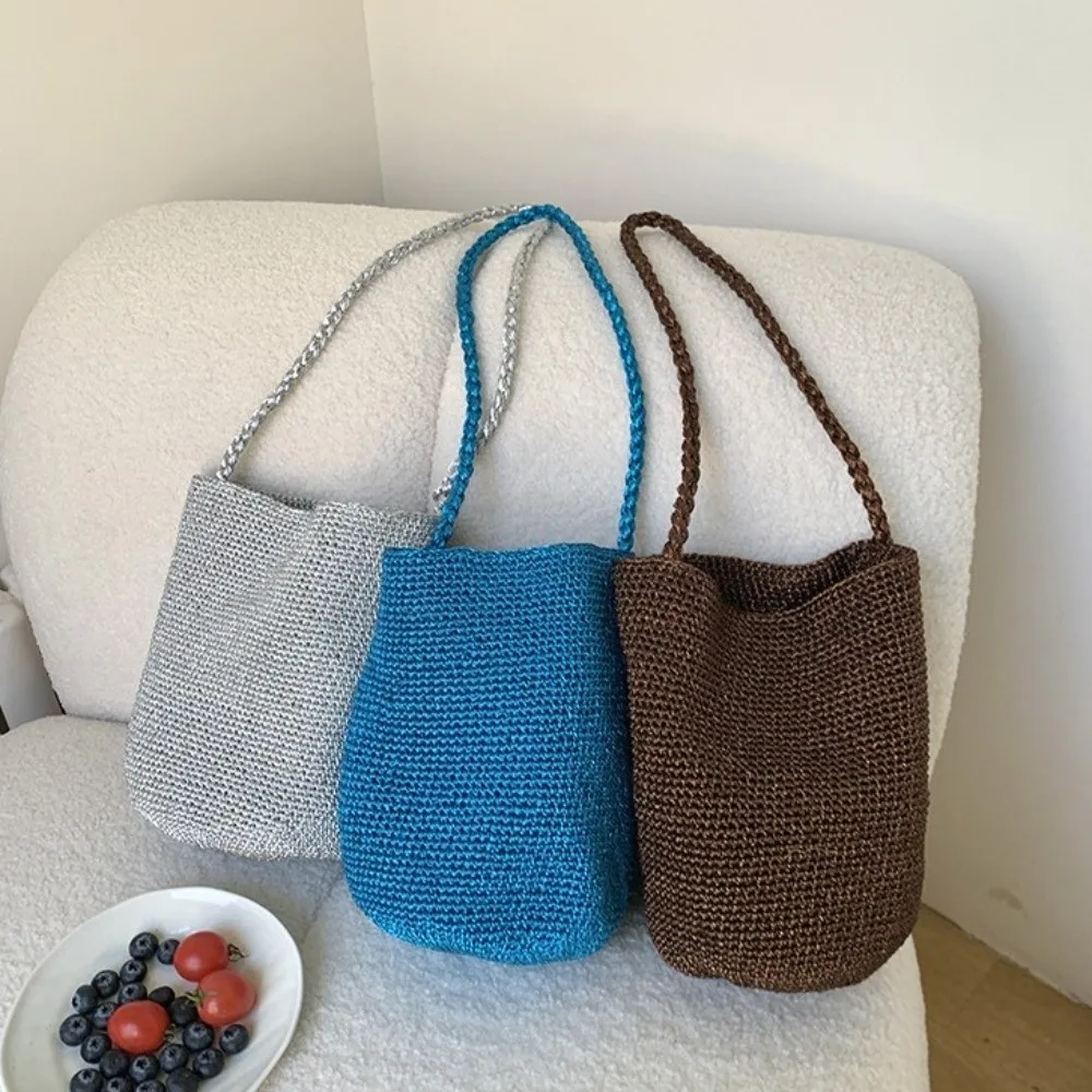 

New Large Capacity Handwoven Bucket Bag Solid Color Boho Metal Line Bucket Bag Straw Design Handmade Shoulder Bag Beach