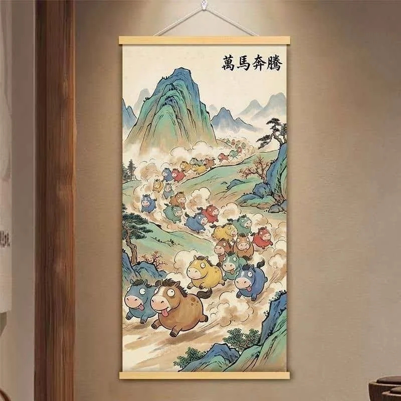 VIKAMA Cute Cartoon Horse Canvas Wall Art Scroll with Wood Frame Colorful Holiday for Living Room Bedroom New Year Decor
