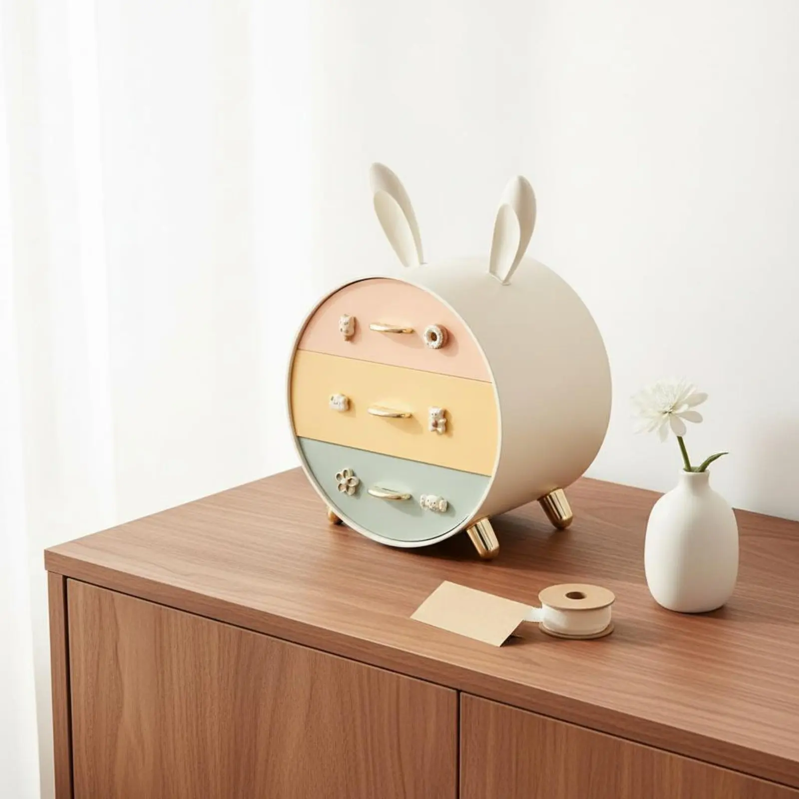 Hare Storage Box Cute Handle Design Hare Ear Desk Cabinet Plastic Drawer Organizer Large Capacity for Bedroom, Dressing Table