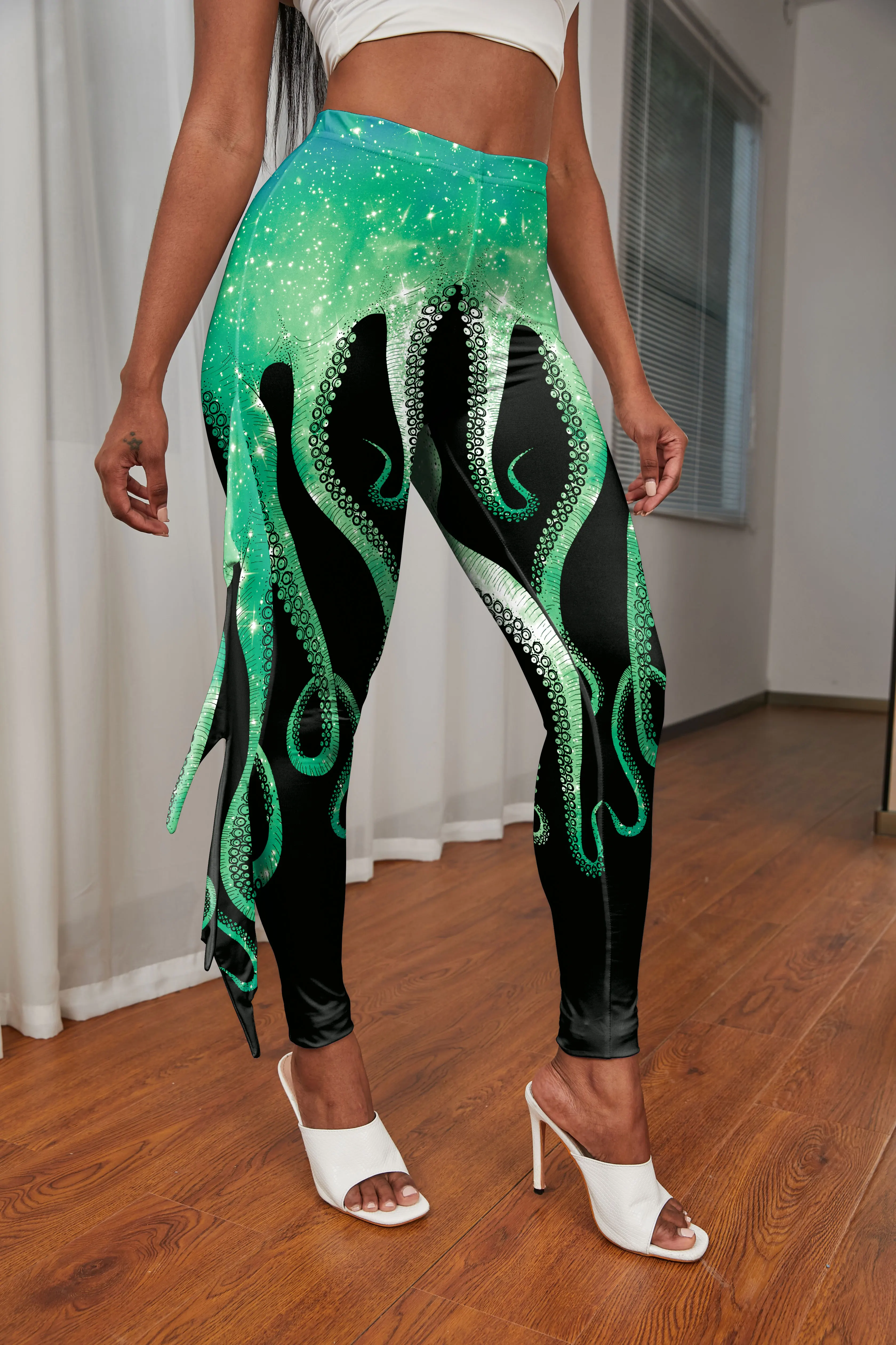 Nowe modne ubrania Cosplay damskie legginsy 3D drukowane rajstopy damskie festiwale Prom błyszczące spodnie spodnie do fitnessu odzież