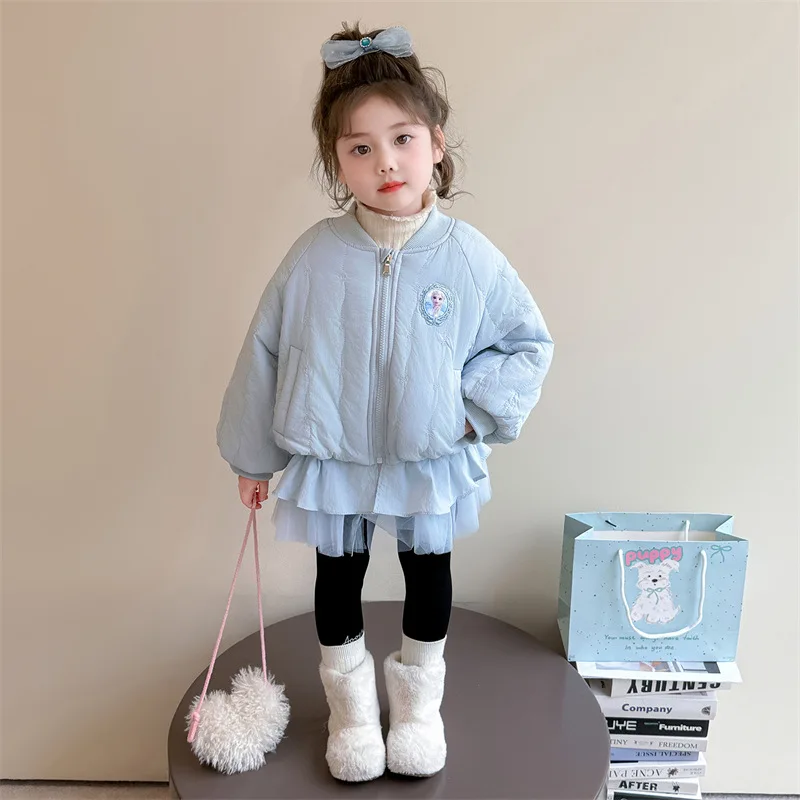 

Disney Cartoon Elsa Pattern Girls' Cotton Jacket Korean Style Mesh Splicing Thick Warm Coat Fashion Zipper Children's Outerwear