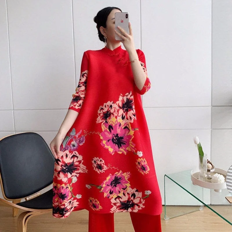 

New dress 2023 retro flag robe neck temperament loose large size long skirt pleated fashion spring half sleeve o neck dress