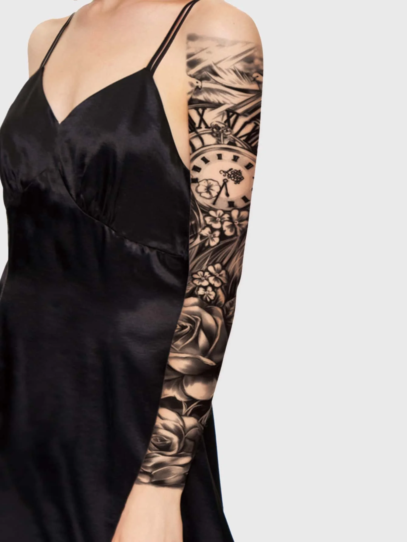 Tattoo Sticker,1 Sheet Large Half Arm Sleeve Flower & Clock Pattern Temporary Tattoos Flower Fake Tattoo Stickers Adults.