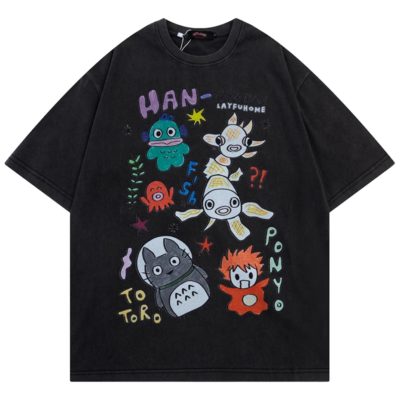 

Summer Mens American Style Washed Tshirts Hip Hop Vintage Cartoon Graphic T Shirts Streetwear Harajuku Casual Cotton Tops Tees