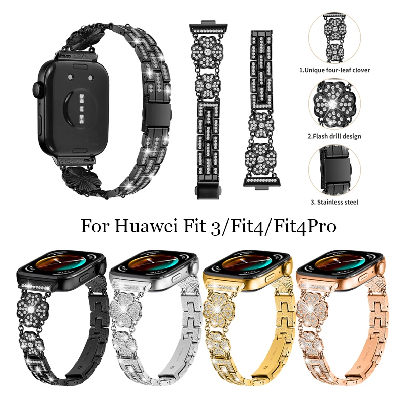 

Ремешок из нержавеющей стали с бриллиантами для Huawei Watch Fit 3, ремешок в форме клевера для женщин и мужчин, браслет для Huawei fit 4 4Pro Smart Watch