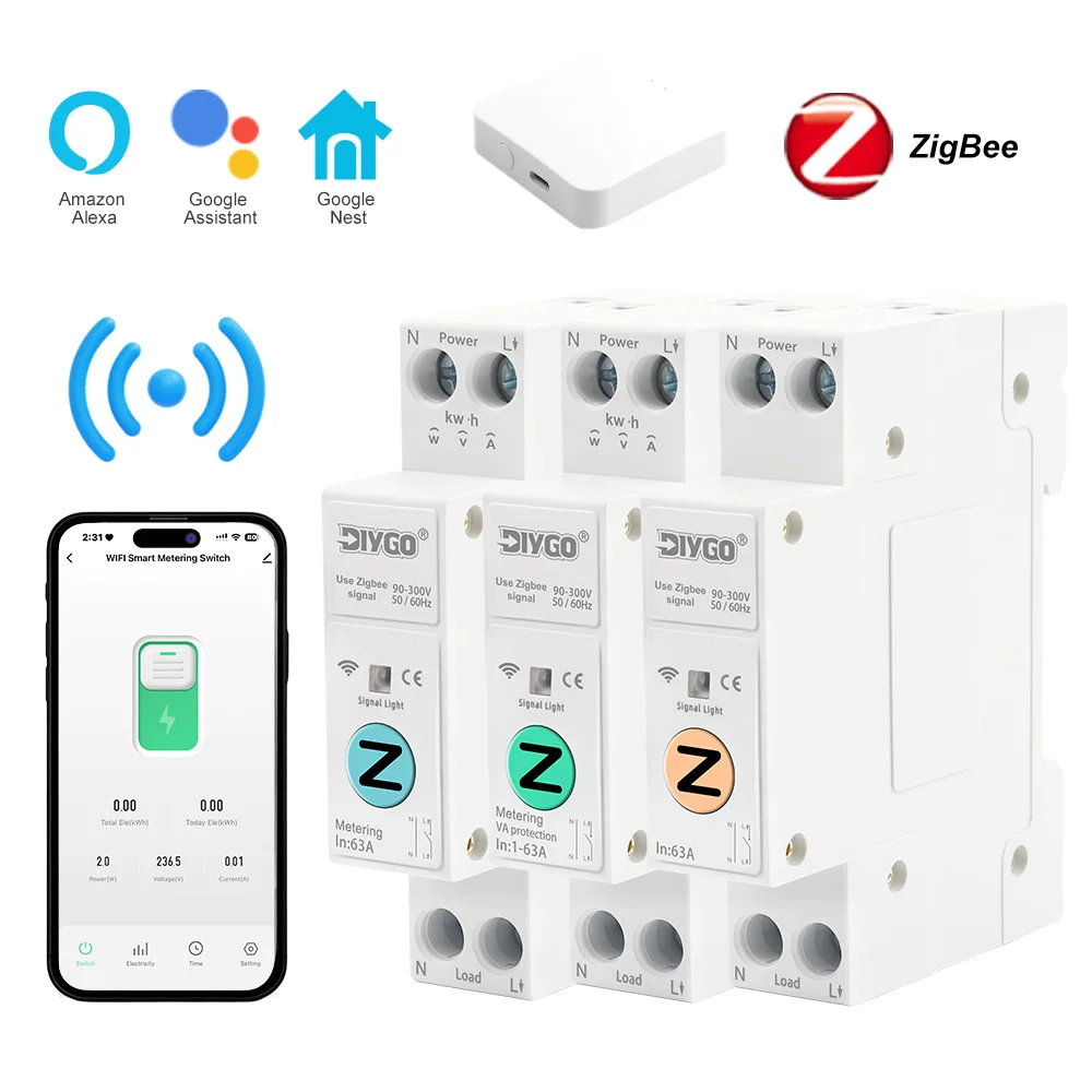 ZigBee Smart Switch DGB-63Z Wifi Circuit Breaker Remote Monitoring Wireless Control Time Relay Home Metering Ammeter Voltmeter