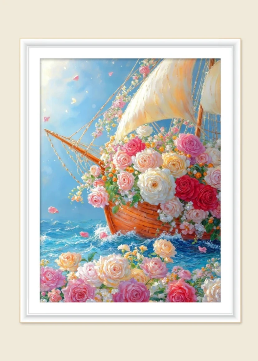 9ct 70x90cm Flowers Boat Embroidery DIY Chinese Style Printed Kits Cross Stitch Needlework Home Decor Crafts