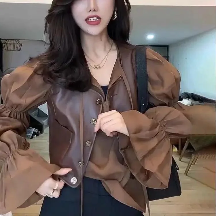 레트로 버블 스웨트 셋트 여성용 트렌디 2026 가을 한국 스타일 PU 가죽 조끼 자켓 투피스 세트 패셔너블 폴리에스터